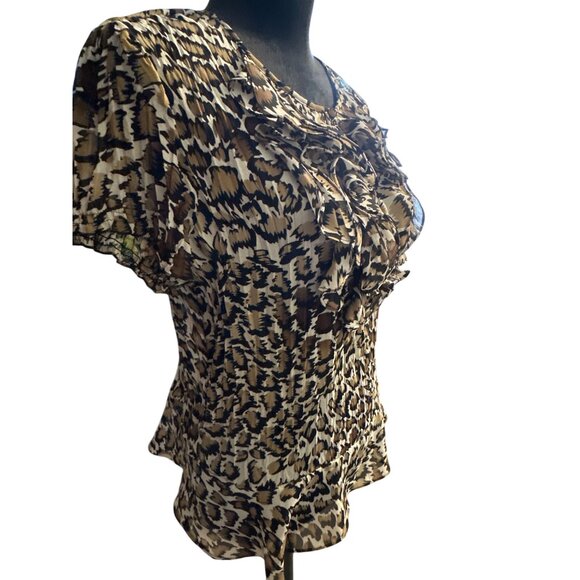 Sunny Leigh Womens Leopard Print Ruffle Blouse Large Short Sleeve - Picture 4 of 6